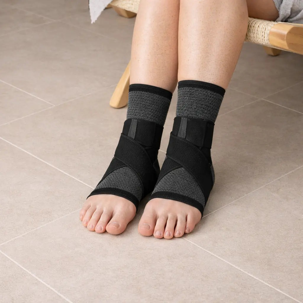 Woman wearing StrideSupport compression sleeves on both feet